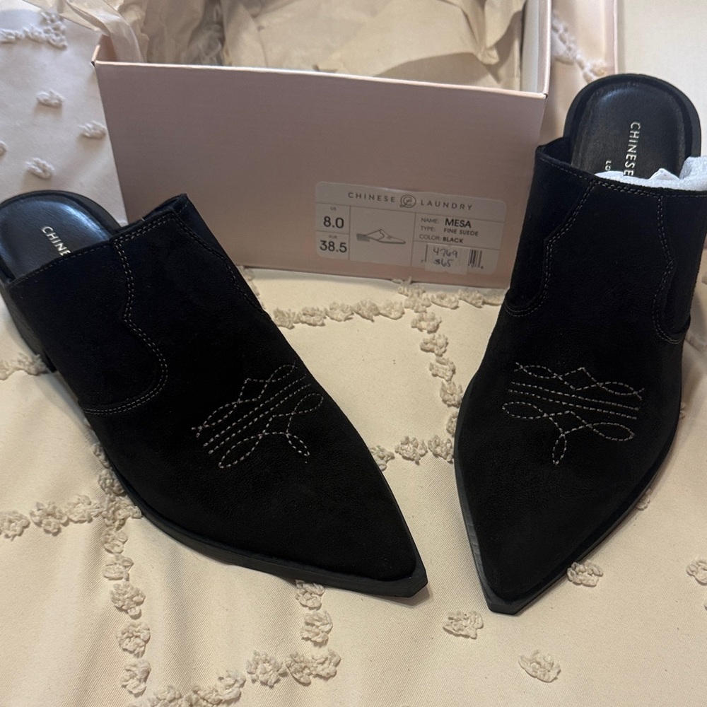 Chinese Laundry Black Embroidered Mules NWT